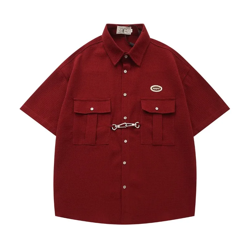 American Trendy Brand Retro Waffle Hip Hop Short Sleeved Men's Summer Street American College Style Versatile Shirt