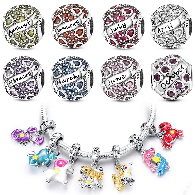 Round Birthstone Charm Bead 925 Silver Fit Original Pan Bracelet DIY October August March April July January