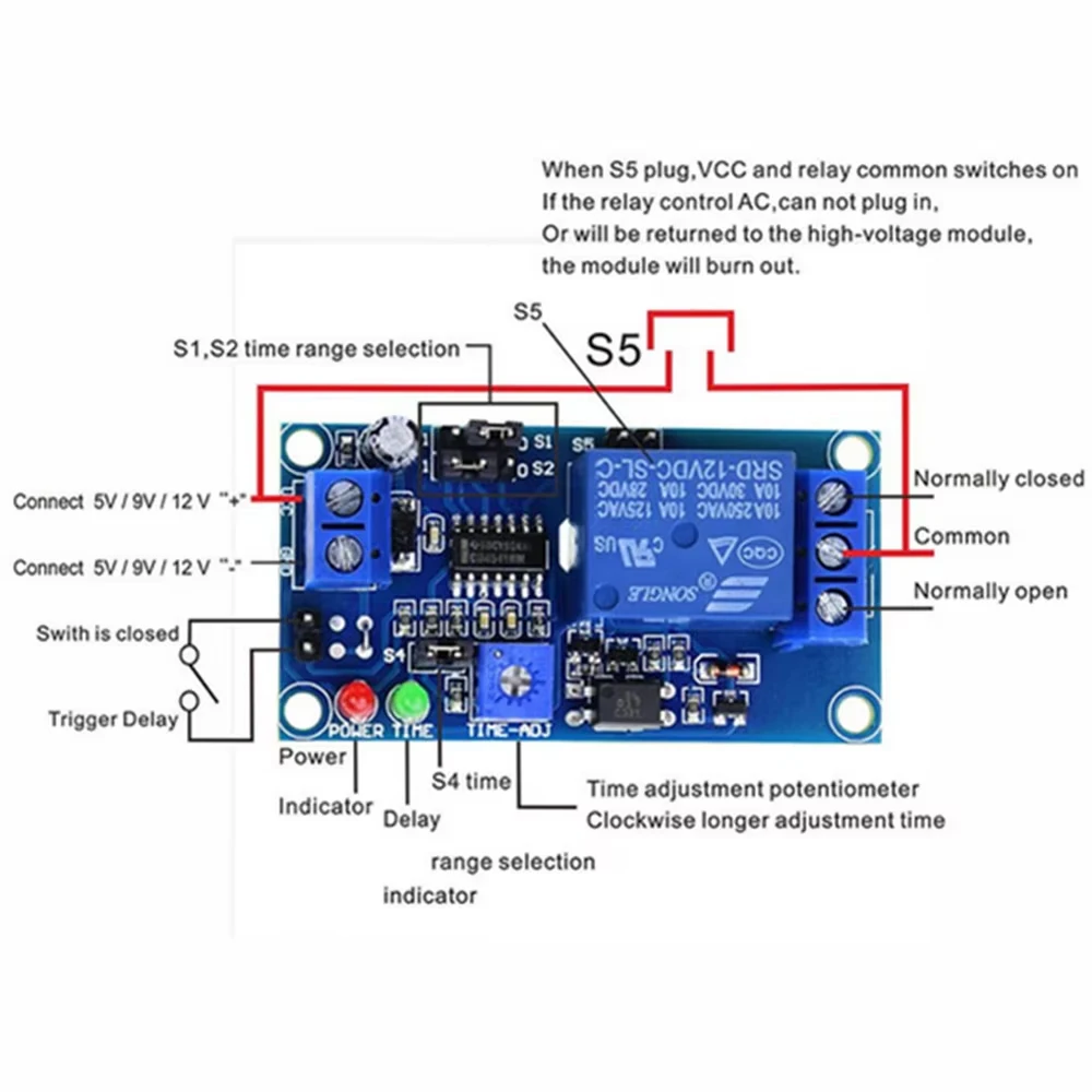 DC 12V Time Relay Module Normal Open Time Delay Relay Timing Timer Relay Control Switch Adjustable Potentiometer LED Indicator