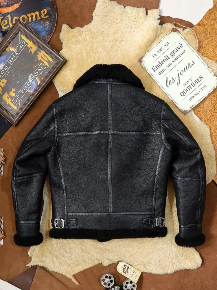 Winter Mens Retro Real Wool Fur Jacket Natural Sheepskin Bomber Jackets Lapel Males Black Genuine Leather Moto Coat Thick Warm