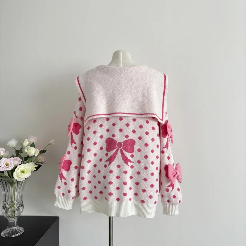 Lazy Style Doll Collar Loose Pullover Sweater for Women Autumn and Winter Designed Bow Knot Age-reducing Large Size Sweater