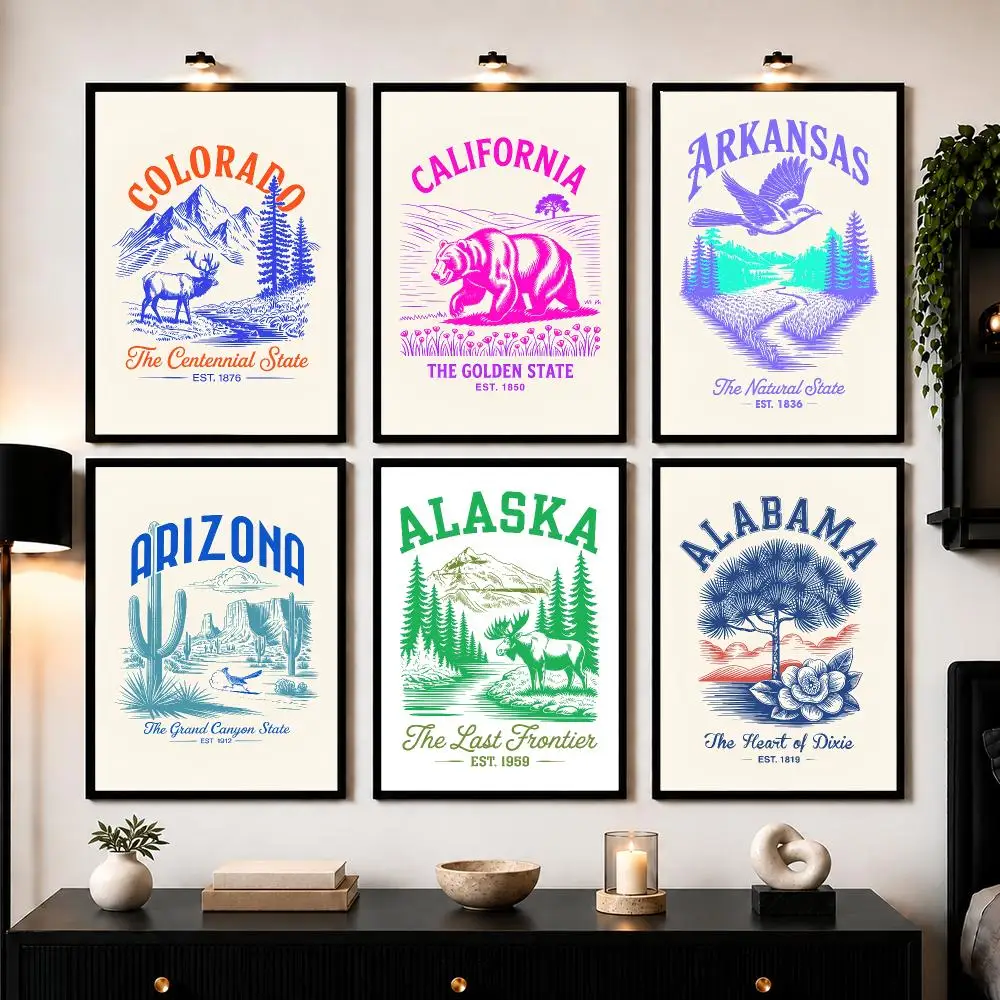 Animal Us States Art Design Poster Wall Art Sticker For Living Room Bedroom Bar Home Decor Mural Painting Decoration