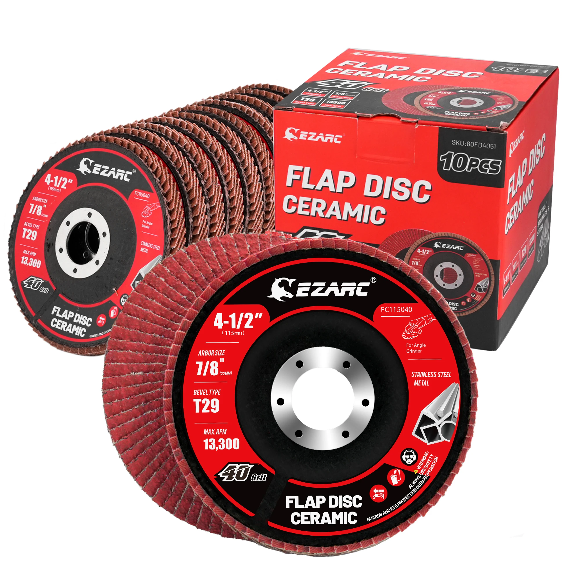 

EZARC 10Pcs Ceramic Flap Discs 40/80 Grit 4 1/2 x 7/8-Inch Flap Sanding Disc Type 29 Ceramic Grinding Wheel for Stainless Steel