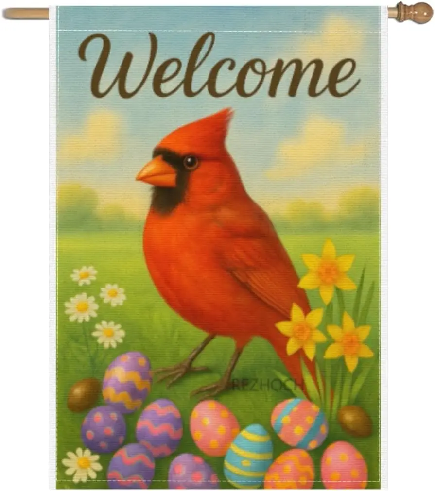 Easter Welcome Garden Flag Funny Red Cardinal Yard Flags for Outside Cute Animal Decoraed Eggs Spring Flowers Porch Lawn Pat ZZM