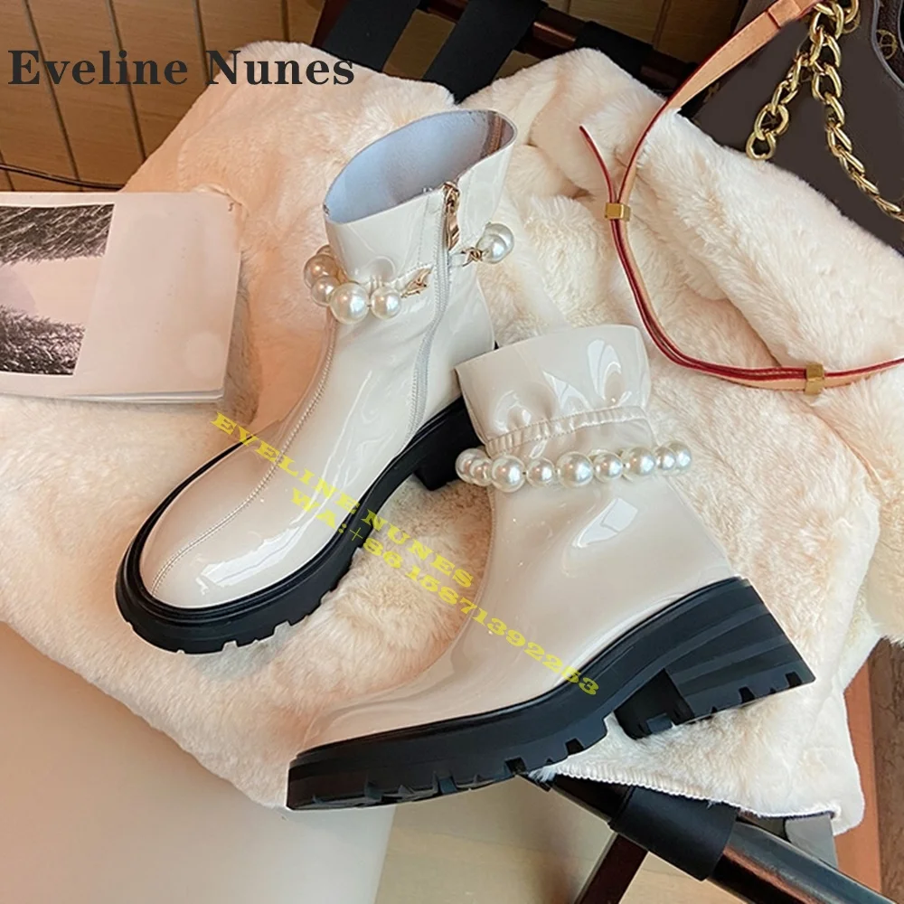 Pearl Chain Winding Black Ankle Boots Patent Leather Pleated Patchwork Elegant British Style Snow Winter Shoes 2024 New Style