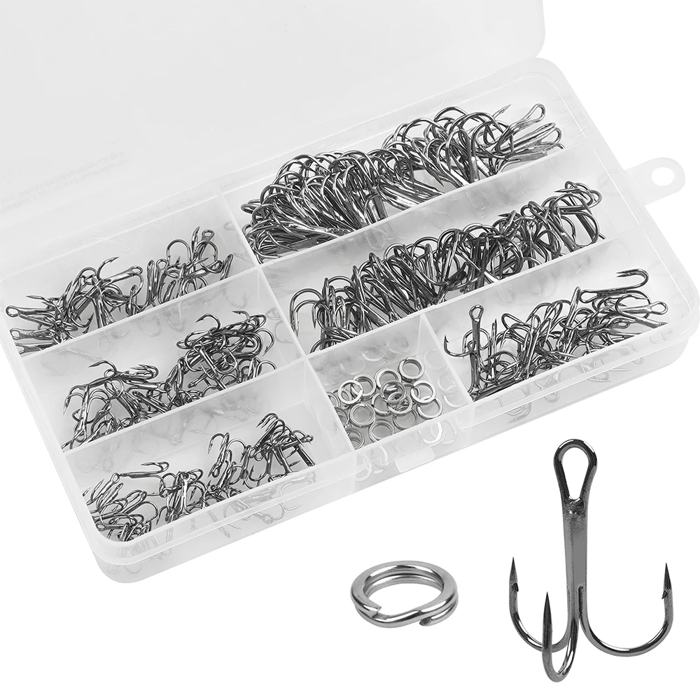 190Pcs Black Fishing Treble Hooks Kit High Carbon Steel Treble Fishing Hooks with Double Split Rings Lure Connectors Tool