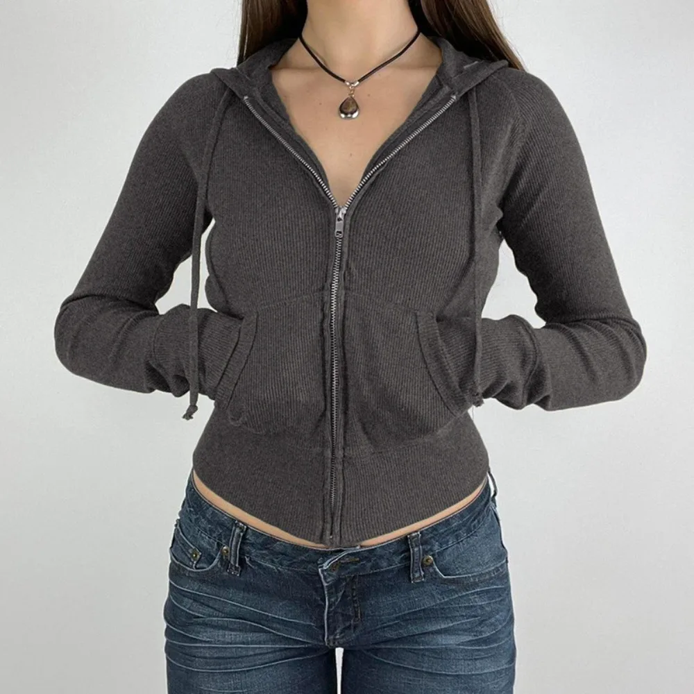 

European and American Autumn and Winter Solid Color Waist Zipper Design Cardigan Hot Girl Retro Outfit Hooded Jacket