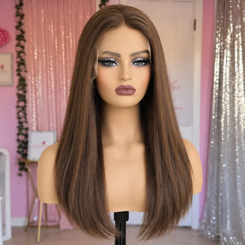13x6 Lace Front Wig for Women Long Straight Ash Brown Futura Synthetic Hair Hand Tied Freepart Natural Hairline Full Cap