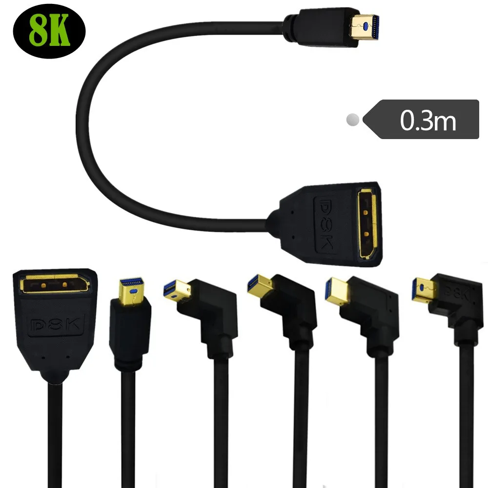 Right Angled Mini DisplayPort 8K@60Hz Male to DP Female with Screw Panel Mount Extension Cable for iMac LED Cinema Display 0.3M