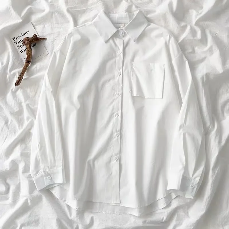 Styl pani z urzędu biała koszula solidna Harajuku kieszeń z długim rękawem damskie topy i bluzki Casual 2021 jesień luźna koszula Blusas