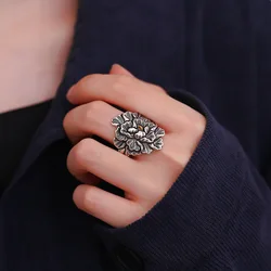 Buyee 925 Sterling Silver Big Ring Finger Excellent Peony Flower Open Ring for Woman Fashion Exaggeration Fine Jewelry Circle