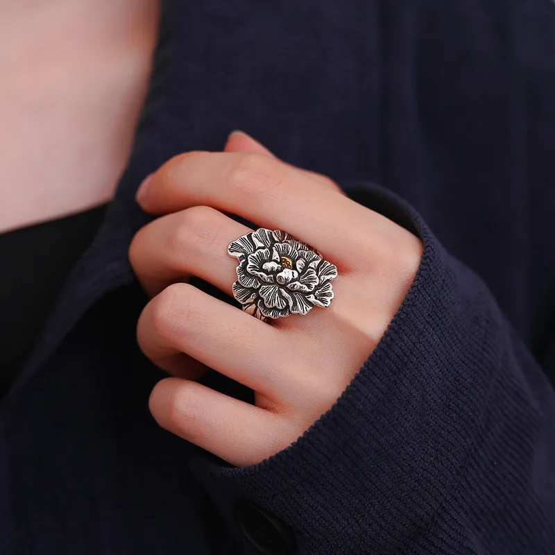 Buyee 925 Sterling Silver Big Ring Finger Excellent Peony Flower Open Ring for Woman Fashion Exaggeration Fine Jewelry Circle