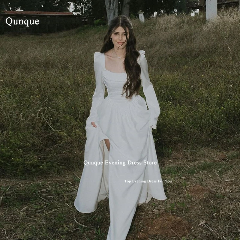 

Qunque Sheer Neck Robe De Mariee New Wedding Dresses Long Sleeves With Lace Sexy Split Bride Dress Vestidos De Novia Customized