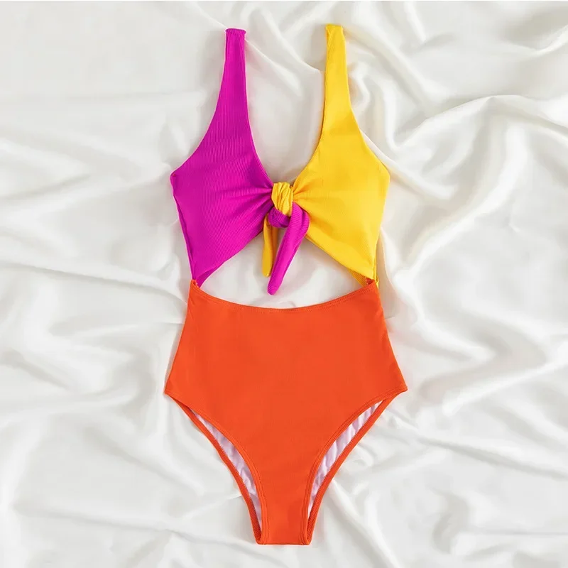 One Piece Swimsuit 2024 New Solid Colorful Hollow Out Swimwear Women Bandage Bow Bodysuit Sexy Monokini Beachwear Bathing Suits