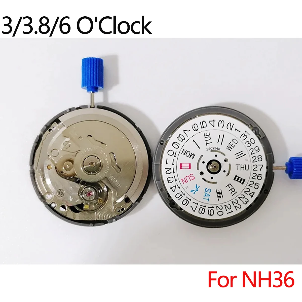 NH36 24 Jewels Automatic Movement Crown at 3.0 And 4.5 O'Clock White/Black Calendar NH36 Watch Parts Stem Set All in English