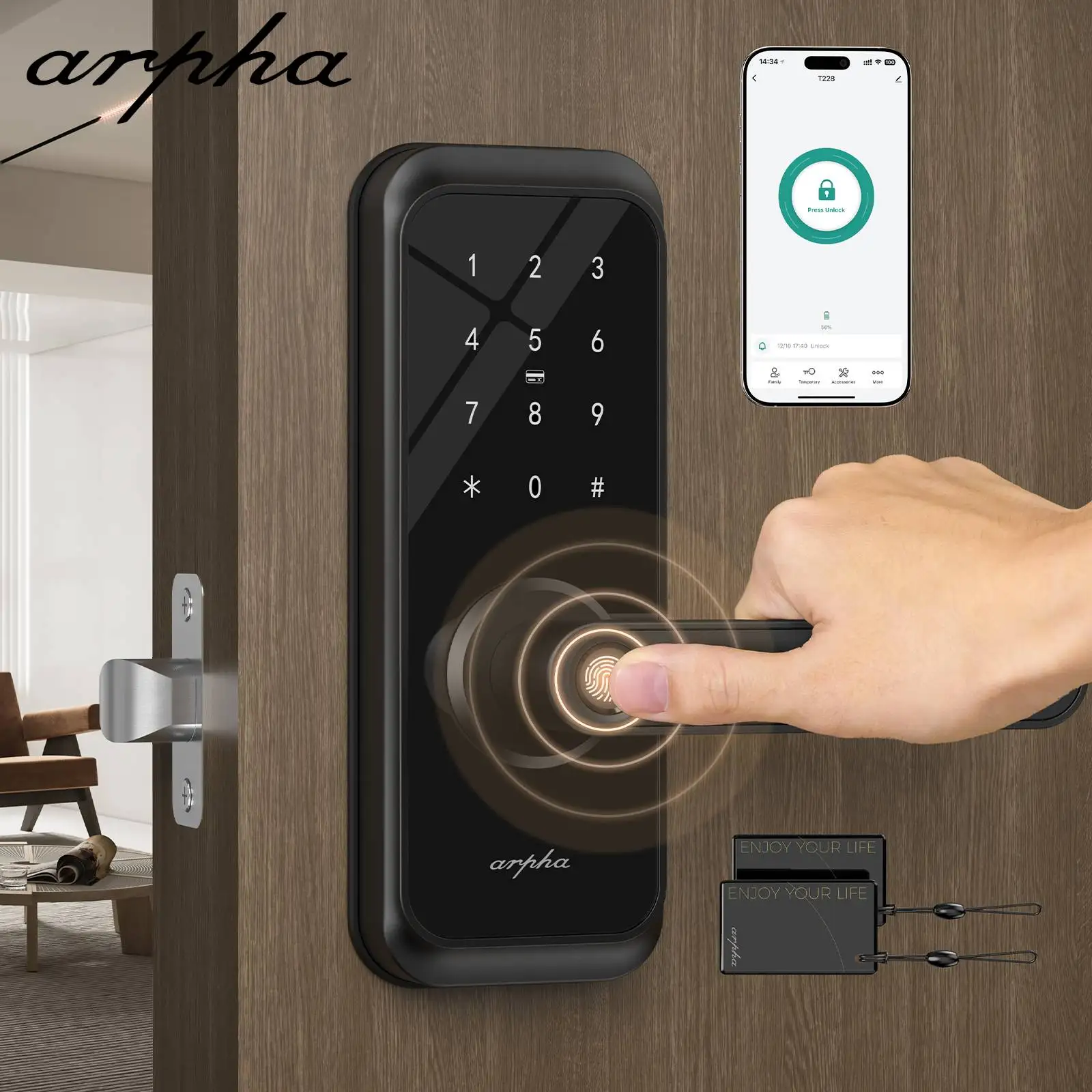 Arpha Smart Lock ‎T228 5-in-1 Entry Keyless Entry Door Lock Fingerprint Keyless Entry Door Lock Anti-Peep Keypad Code Waterproof