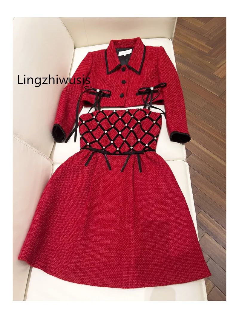 Lingzhiwusis French Vintage Beautiful Unique Blazer Dress Set Top Red Dresses Suit A-Line Vestidos Ladies Suit New Arrival