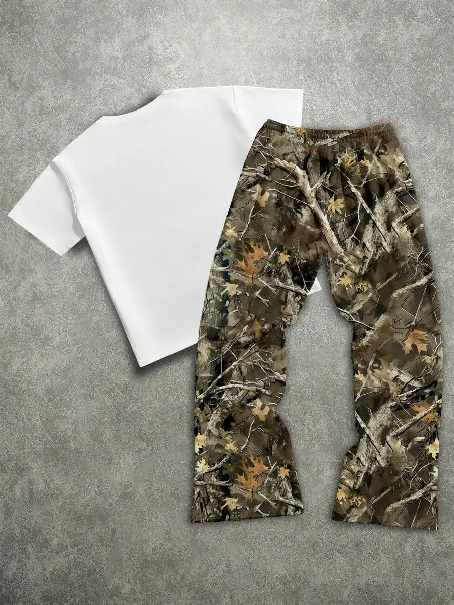 

Mens Two Piece Set White T-Shirt And Camouflage Pants 100% Polyester Casual Streetwear