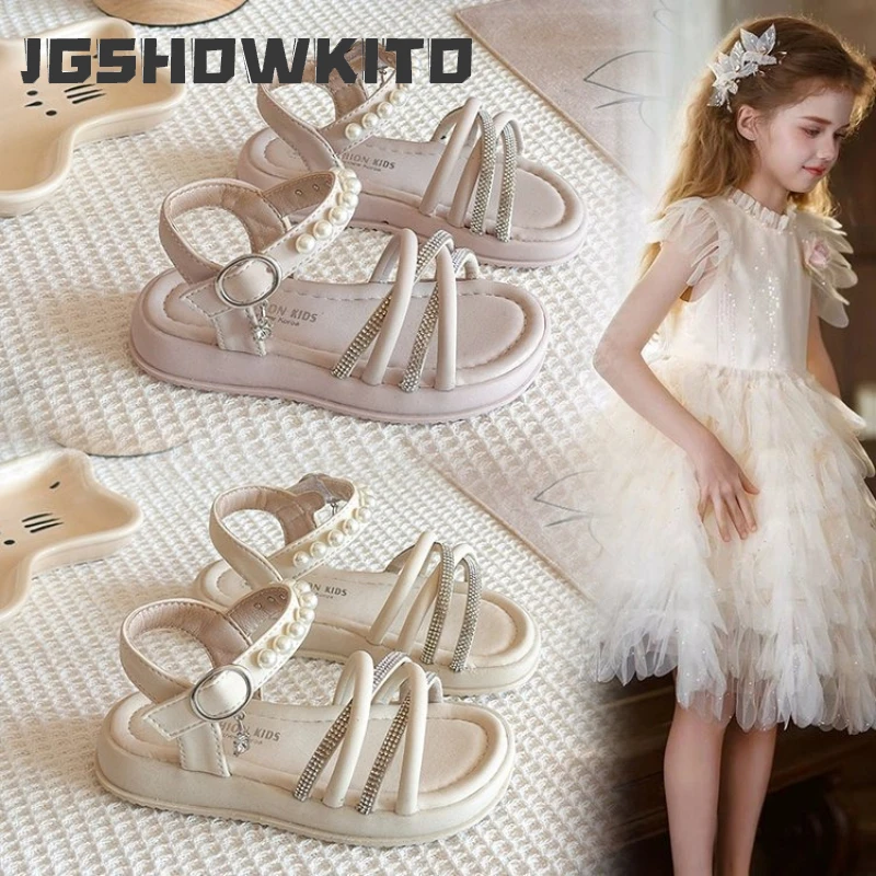 JGSHOWKITO Summer Children Woven Sandals Rhinestone Cut-outs Girls Open-toe Sandals Thick Bottom School Kids Roman Beach Shoes
