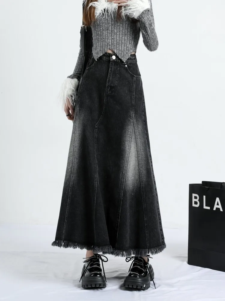 

GUUZYUVIZ Irregular Long A-line Denim Skirt For Women High Waist Balck Jean Skirts For Ladies