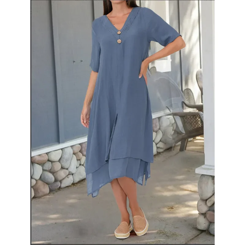 

New Women's Woven Cotton Linen Double Layered Split V-neck Artistic Dress for Summer 2025