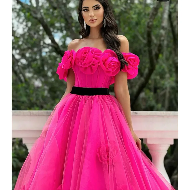 Elegant Long Fuchsia Evening Dresses with Hand Made Flower A-Line Bateau Neck Tulle Pleated Sweep Train Prom Dresses for Women