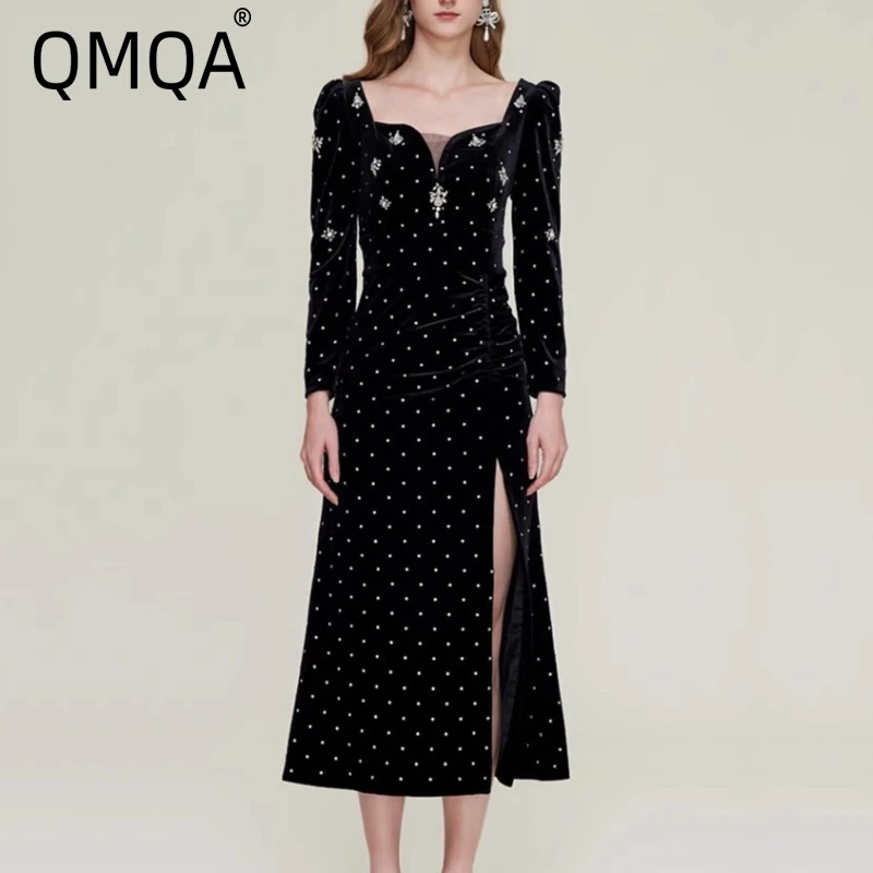 

QMQA Fashion Women's French Elegant Velvet Dress Diamonds Spliced Square Collar Long Sleeve Slimming Dress New Clothing 1A397