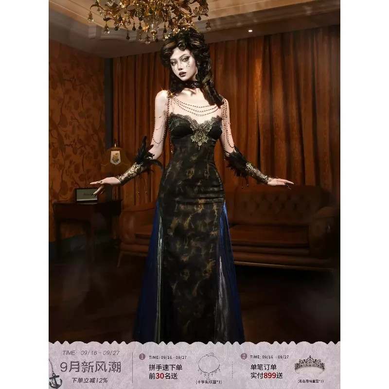 Dark Retro Women Slim‑Fit Evening Gown Gold Printed Spaghetti Strap Long Dress Side Sheer Mesh Formal Party Outfit