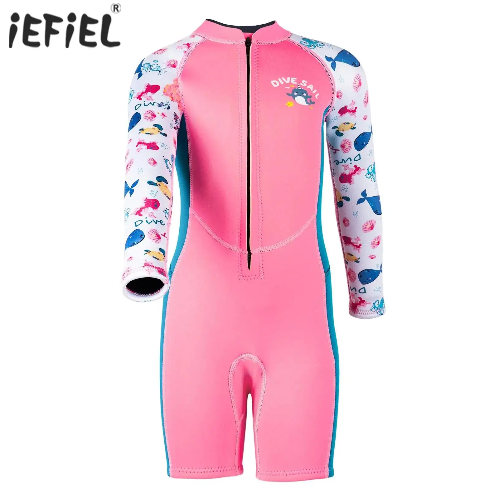 

Kids Girls 2.5mm Neoprene Wet Suit Cute Fish Printed Long Sleeve Thigh Length Jumpsuit Thermal Front Zipper Bodysuit Wetsuit