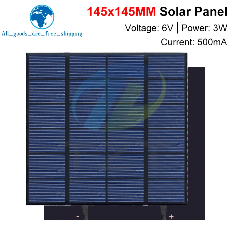 TZT 6V 500mA 3W Solar Panel Polycrystalline 145*145MM Mini Sunpower Solar System DIY for Battery Cell Phone Charger