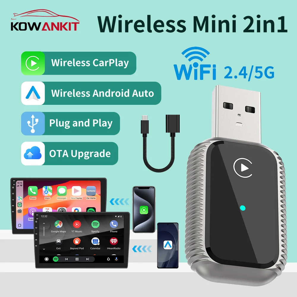 2026 KowanKit Wireless Carplay Adapter Android Auto 2 in 1 Dongle Plug & Play Usb Smart Mini Ai Box Car for Bluetooth