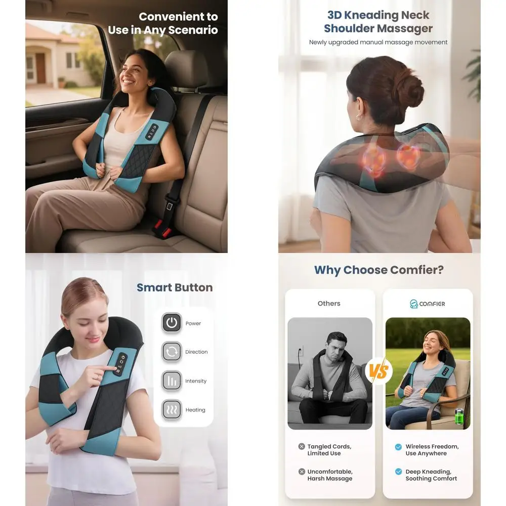 

Беспроводной массажер для шеи для облегчения глубоких тканей, массажер для плеч шиацу с подогревом, 3D-массажная подушка для спины - идеально подходит