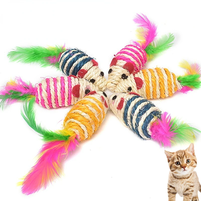 

4Pcs Colorful Sisal Mouse Interactive Cat Chew Toy Feather Pet Supplies Claws Grinding Kitten Training Catcher Teeth Accessories