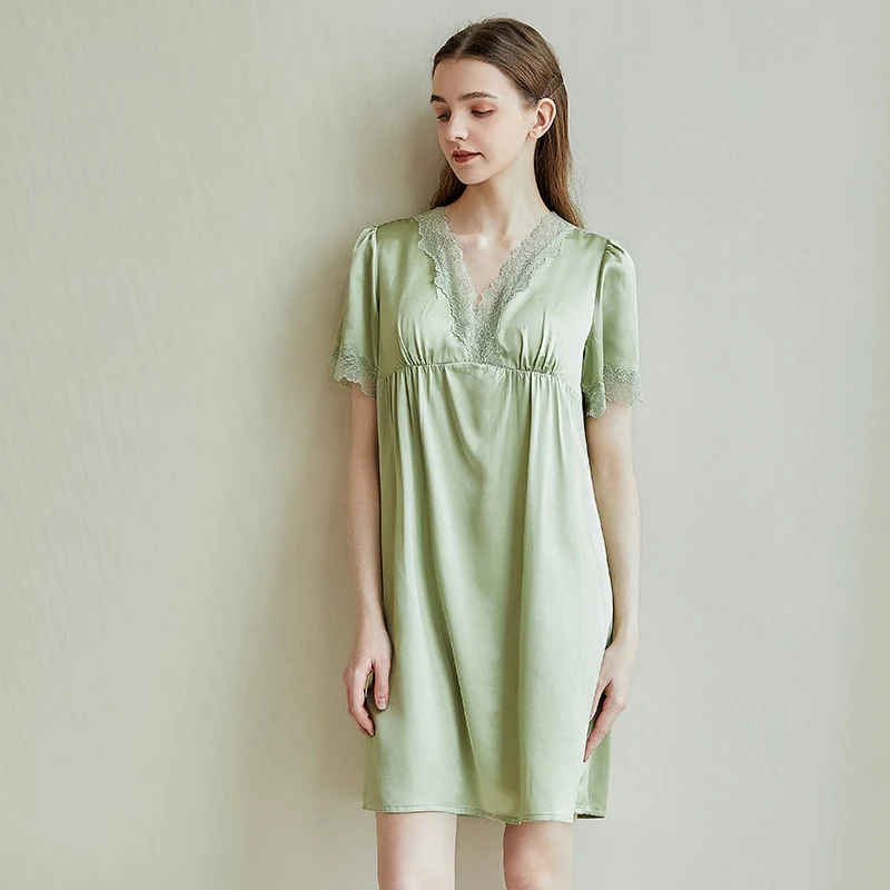 Winsleter, 16MM 100%Real Silk With Chest Pads Nightgown, Women Short Sleeve Lace, Sweet Pajamas Dress, Summer Autumn P49518CC