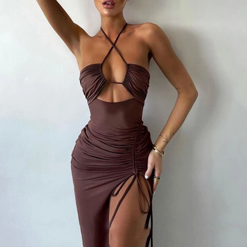 Summer Black Sexy Dress For Women Sleeveless Backless Hollow Out Party Dress Fashion Lace-up Halter Bodycon Elegant Split Dress