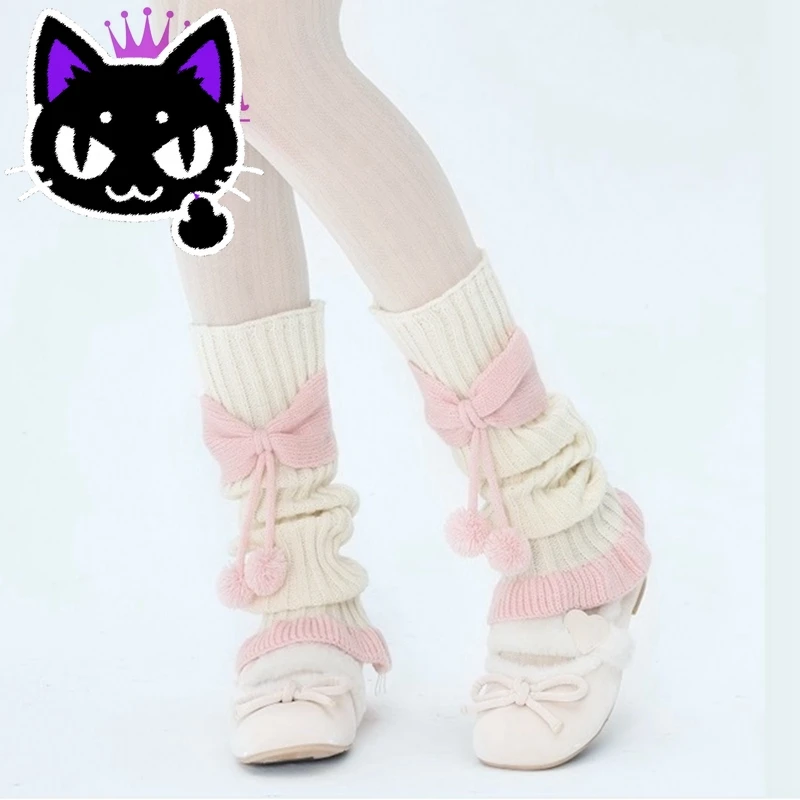 

2025 misa hot sale Harajuku Y2k Girls Cute Bow Plush Ball Leg Warmers Socks Japanese Lolita Kawaii Sweet JK Pink Ruffles Knitted