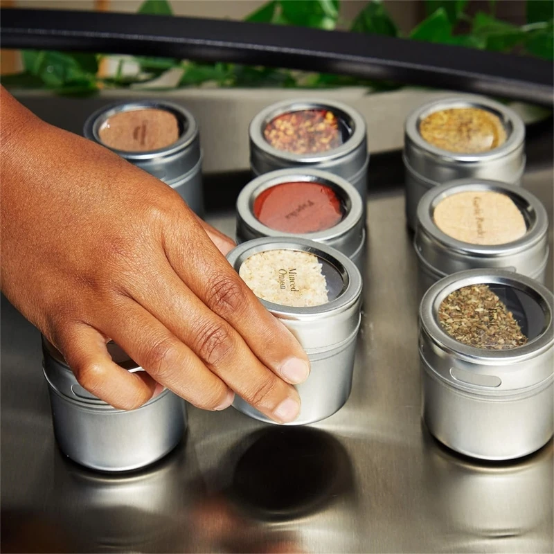 New Magnetic Spice Jar Set Stainless Steel Spice Tins Spice Storage Container Pepper Seasoning Sprays Tools with Spice Label