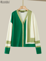 ZANZEA 2025 Autumn Fashion V-neck Gentle Cardigan Women Colorblock Blouse Office Lady Long Sleeve Tops Vintage Korean Tunics