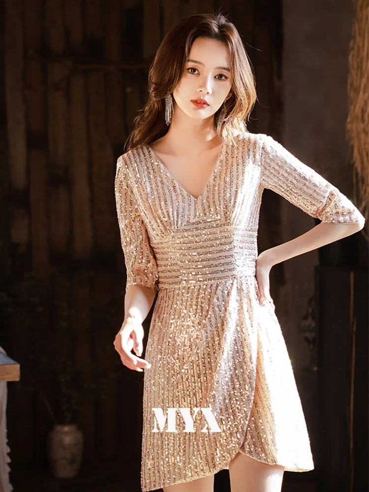 

Gold Sequin ort Evening Dr Women's Ele Korean Sle mid Waist Slim Fit V-Ne Zipper Casual Par Wedding Dr