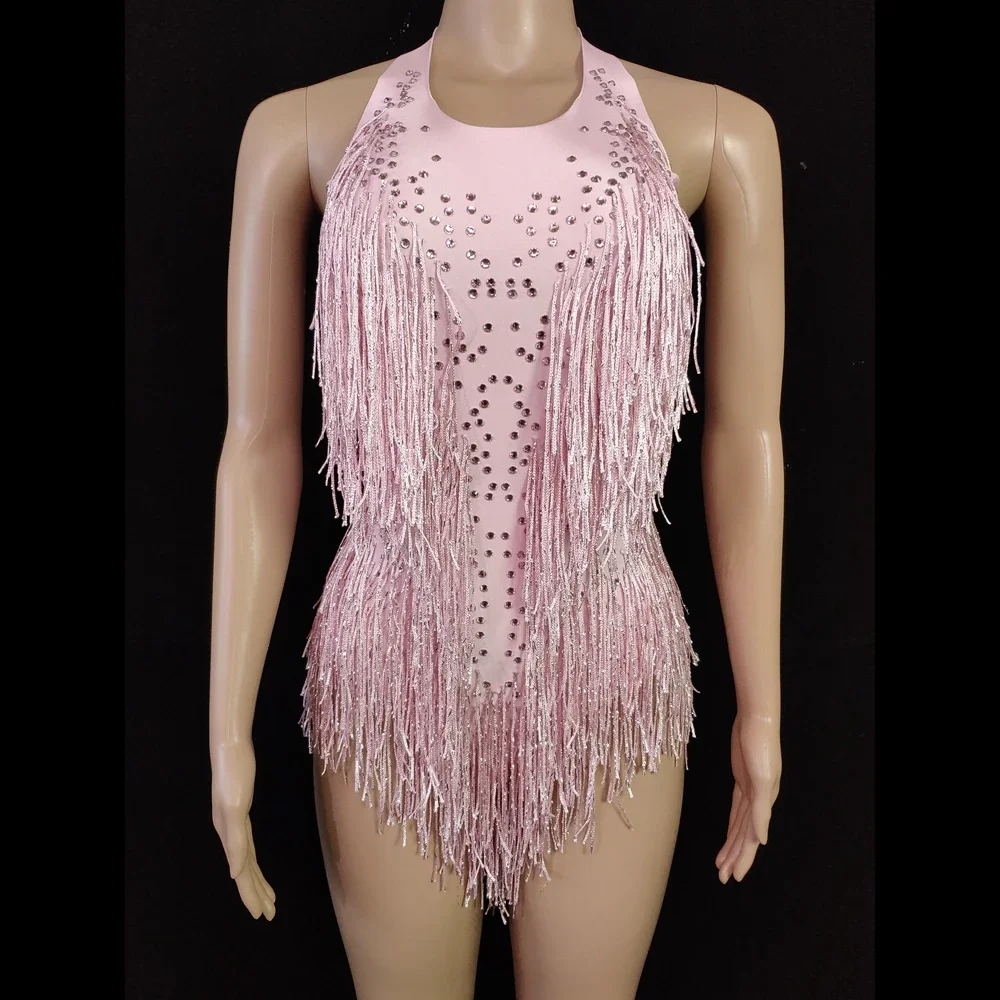 

Sparkly Rhinestones Fringes Pink Bodysuit Women Nightclub Dance Outfit Glisten Tassel One-piece Stage Wear Singer Sexy Leotard