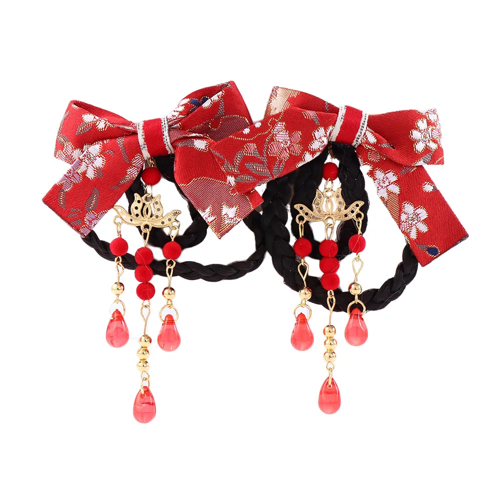 

Милый женский головной убор ханьфу для девочек, тканевый костюм Тан в китайском стиле, аксессуары для волос, боковой зажим с бантом, заколка для волос, парик, коса, заколка для волос