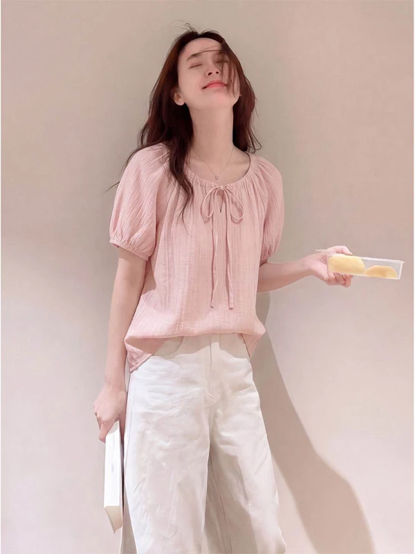 

Sweet Style Pink round Neck Ribbon Bubble Sleeve Shirt Women's Summer Anti-Aging Versatile Slimming Overhead Top Korean Versi...