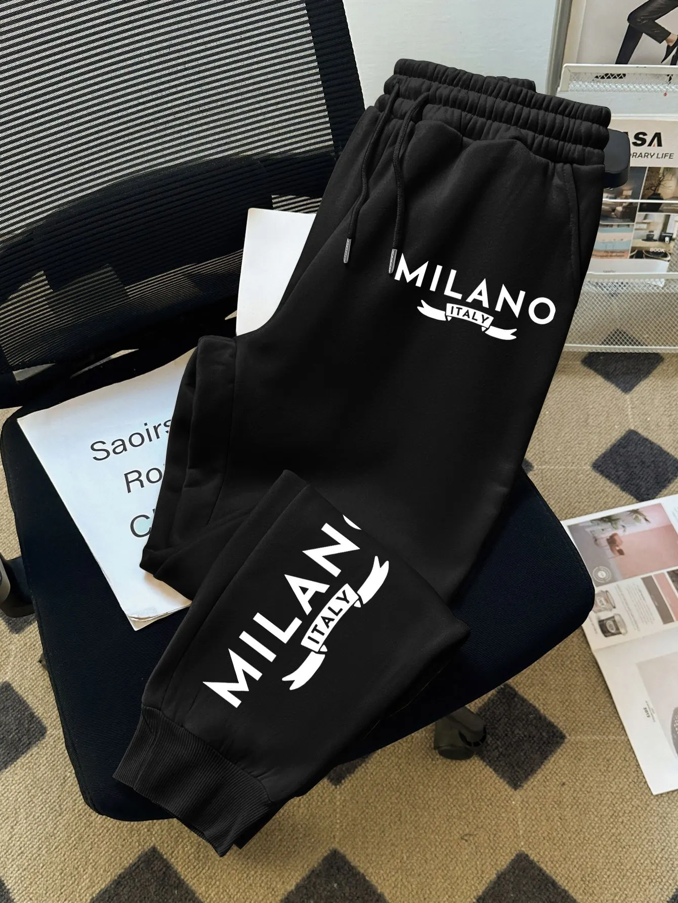 Men Milano Italy City Letter Graphic Jogger Pants Elastic Waist Drawstring Sweatpants Loose Casual Streetwear Blue Trousers