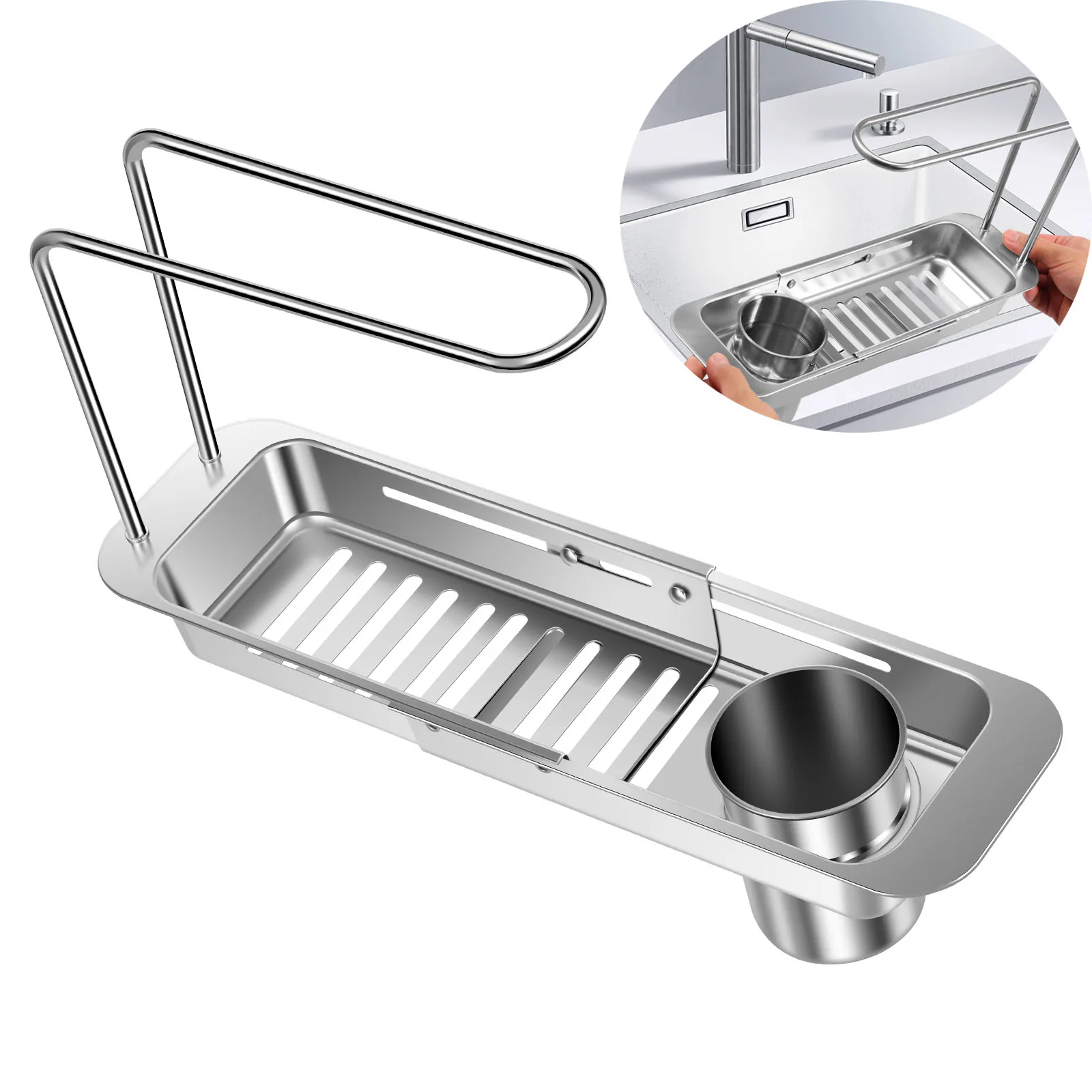 Telescopic Sink Drain Shelf Soap Sponge Rack Stainless Steel Storage Basket with Towel Hanger and Filter Bucket Kitchen Gadgets