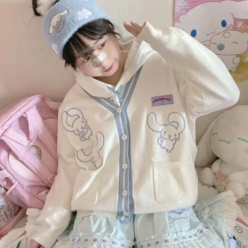 

Student Cinnamoroll Jacquard Sweet Cute Sweater Girl Spring Autumn New Style Cartoon College Style Loose Comfort Casual Cardigan