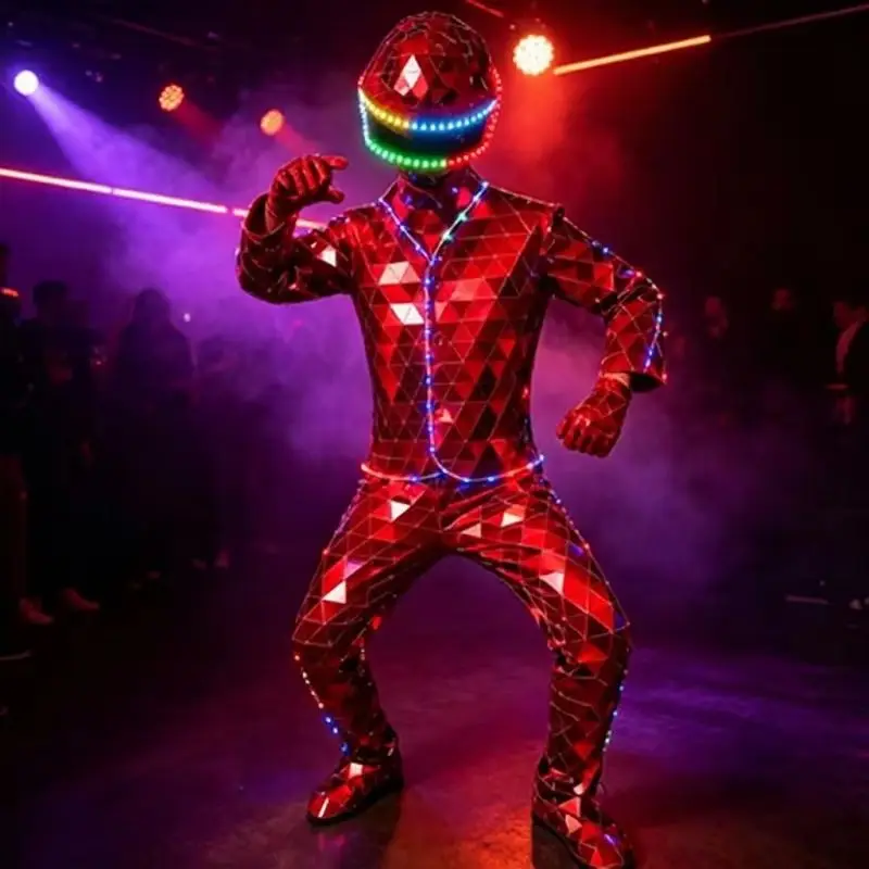 LED Light up Mirror Man Costume Full Body Stage Suit with Hand Crafted Glowing Show Mask Halloween Cosplay Outfit for Adults