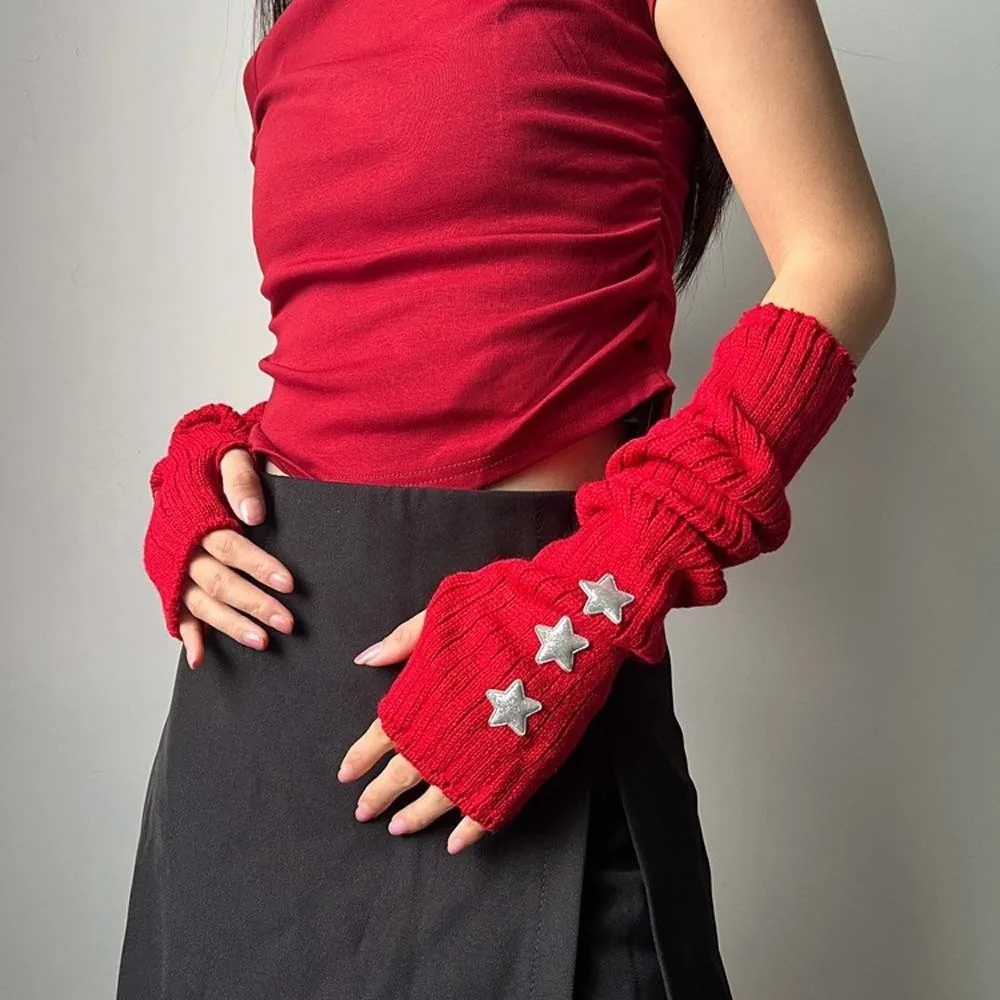 Elastic Knitted Fingerless Sleeves Long Solid Color Y2K Star Arm Cover Gothic Breathable Warmer Long Cuff Outdoor