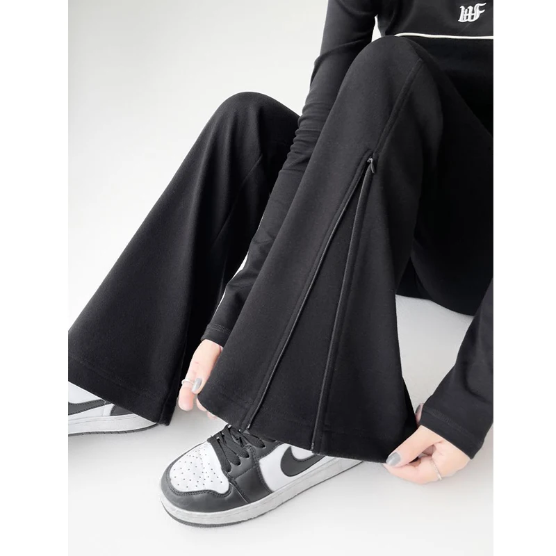 Pantalon évasé taille haute pour femme, pantalon de survêtement chic, demi-fermeture éclair, streetwear Y2K, mode coréenne, Harajuku, monochromatique, coupe couvertes