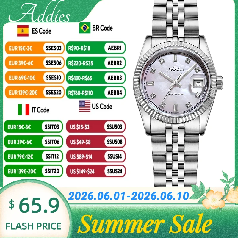 Addies Swiss 585 Czech rhinestones Women's Quartz Watch 5Bar Waterproof Sapphire Glass Watches 316L Stainless Steel Wristwatch