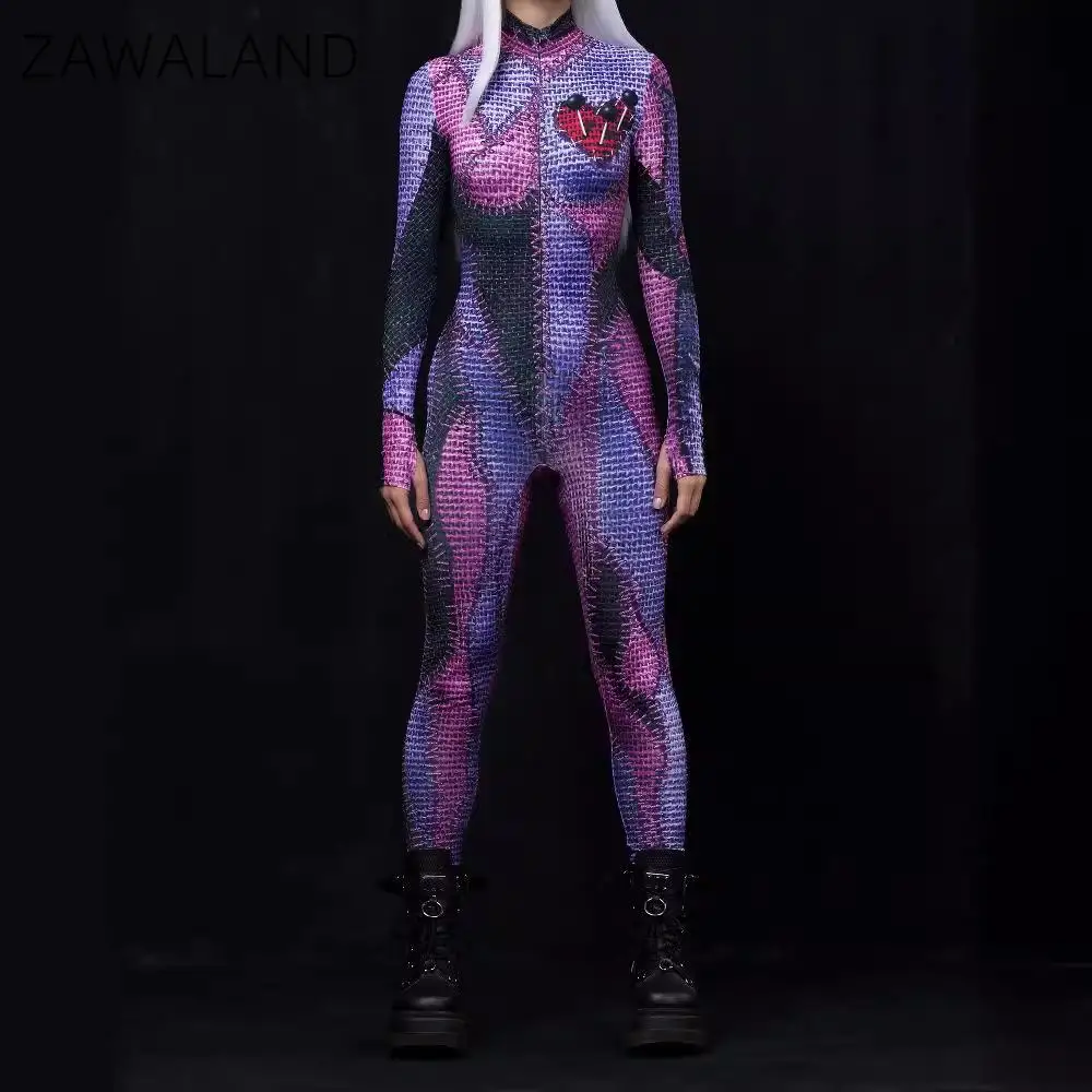 

Zawaland Jumpsuit Women Clown Cosplay Costume Splice 3D Print Zentai Bodysuit Halloween Carnival Party Adult Sexy Catsuit Suit